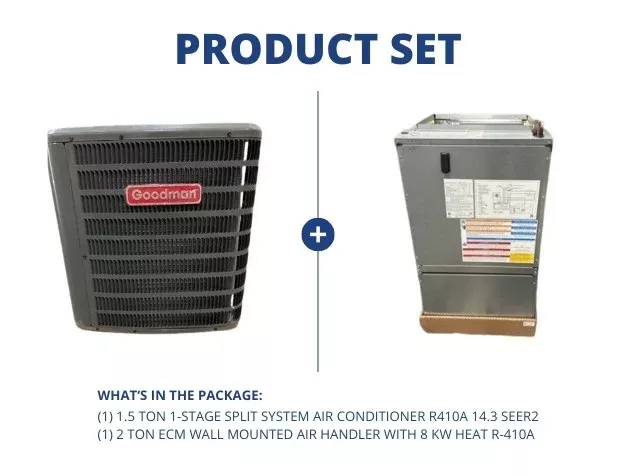 1.5 Ton 1-Stg SS AC R410A, 14.3 SEER2 and 2 Ton ECM Wall Mounted Air Handler With 8 KW Heat R-410A