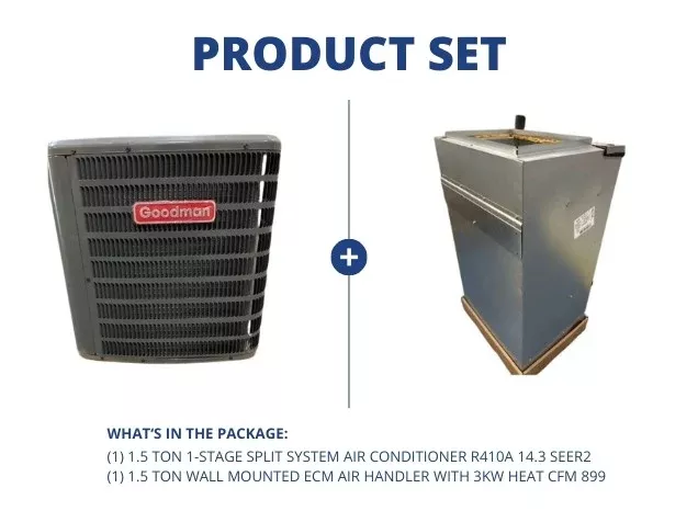 1.5 Ton 1-Stg SS AC R410A 14.3 SEER2 with 1.5 Ton Wall Mounted ECM Air Handler With 3Kw Heat CFM 899