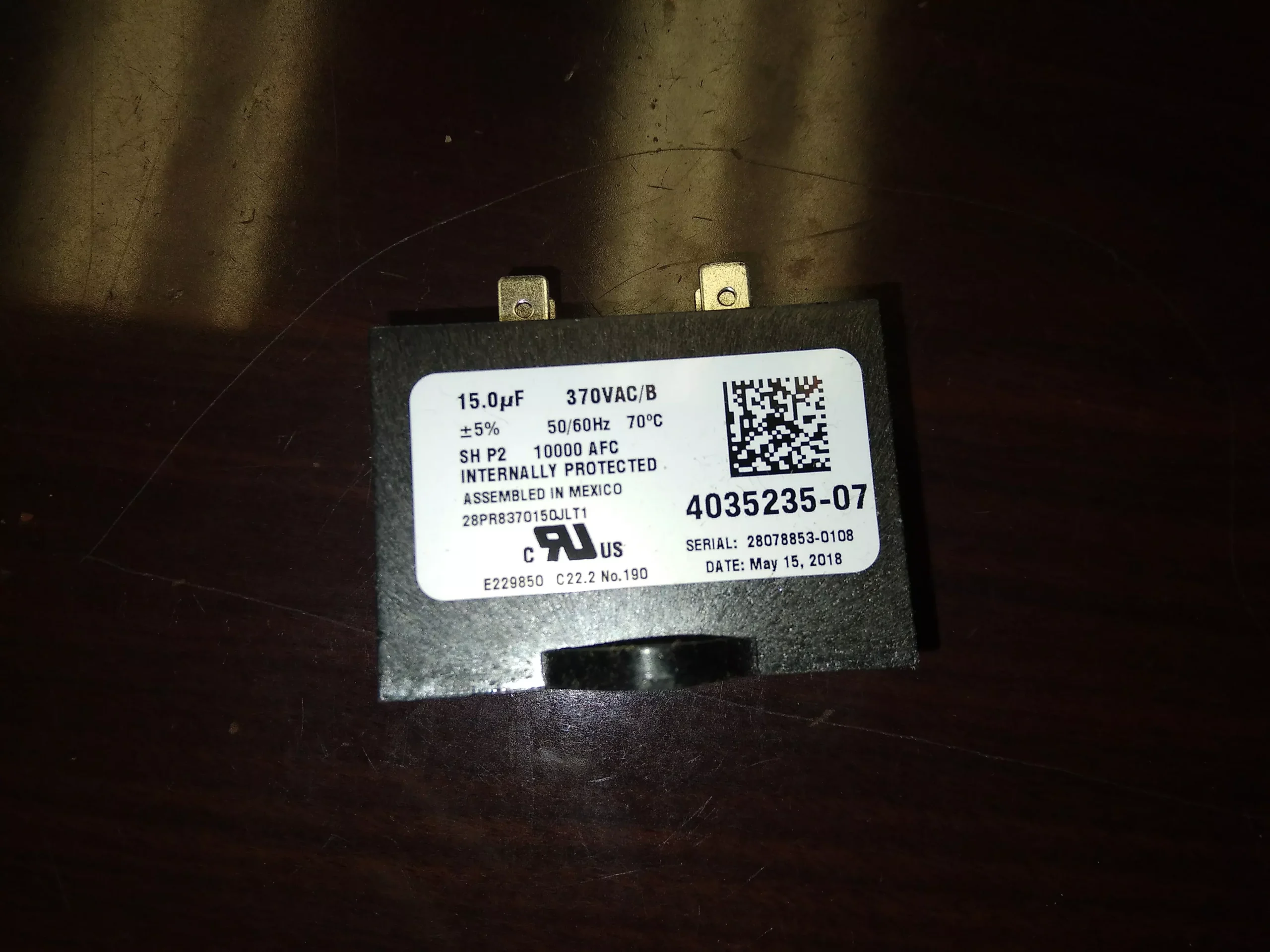 15UFx 370VAC Dry Run Capacitor 50/60 Hz