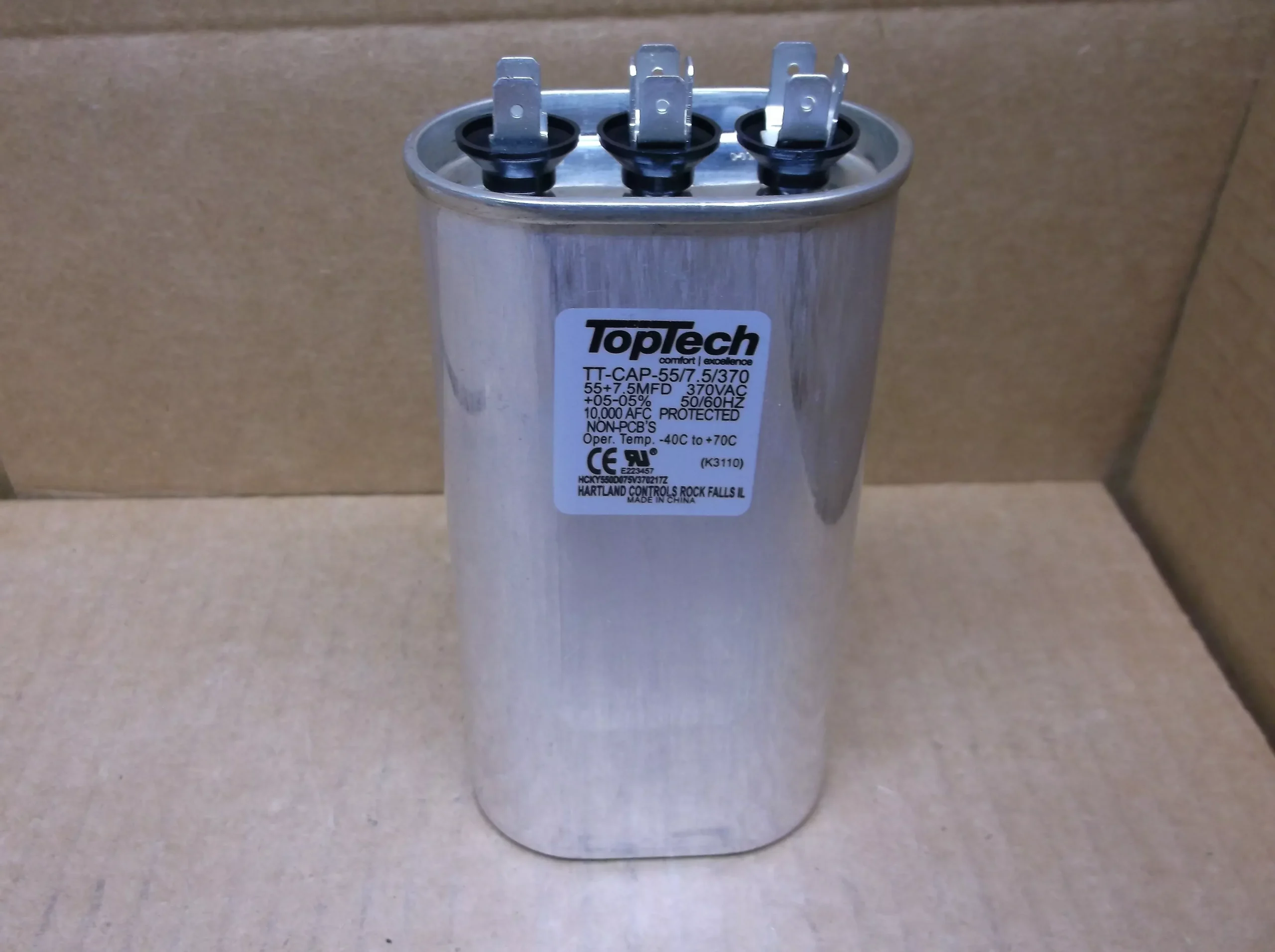 55 +7.5 MFD x 370 VAC Oval Dual Run Capacitor