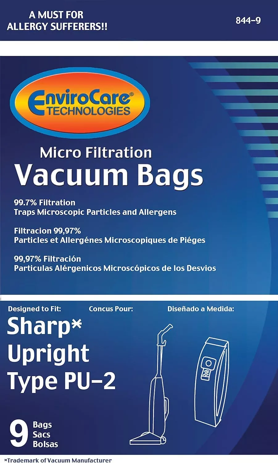Sharp Type PU-2 UprightVacuum Cleaners Bags - 9 pack - Generic #844-9